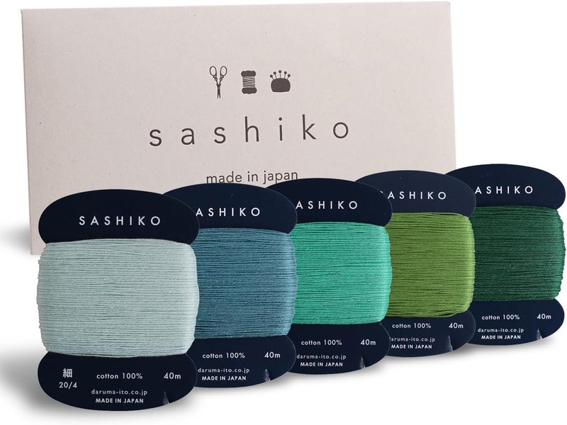 Daruma Sashiko Thread 100% Cotton Card Type (43.7 yd) x 5 Colors with English Manual, Sewing & Embroidery Value Set with Gift Package(Thin, Komorebi) - Image 1